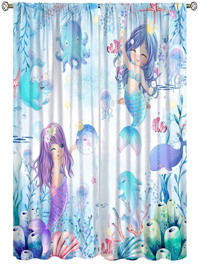 AAVEUP Mermaid Curtains for Girls,Cartoon Fantasy Blue Sea World Cute Jellyfish Dolphin Flower Mermaid Princess Window Treatments for Kids Nursery Bedroom Living Room 42x45in （No Blackout） - Image 1